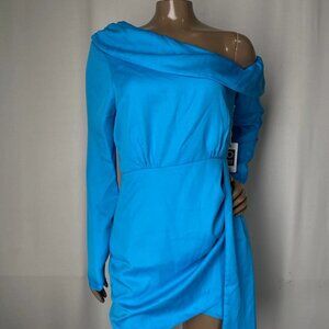 NEW SAYLOR Kirstie One-Shoulder Draped Satin Mini Dress Cerulean Blue Size S